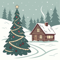 Snowy Winter Landscape with Decorated Christmas Tree and Cabin