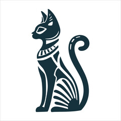 Stylized Bastet Cat Illustration, Egyptian Goddess Bastet Festival Sleek black cat seated regally triangular ears and stylised tail
