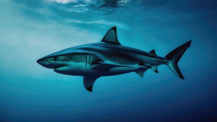 Shark swimming in the ocean with blue water background. Marine animal and predator, underwater scene, and wildlife. The concept of ocean life and marine species.