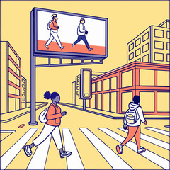 Two People Walking on Crosswalk in City with Billboard