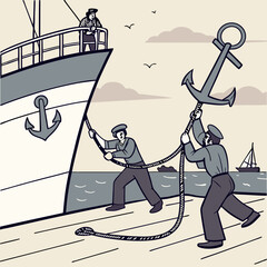 Two Sailors Lifting a Heavy Anchor Aboard a Ship