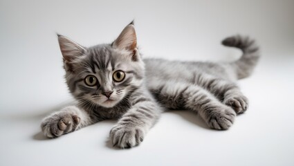 Fototapeta premium Cute gray kitten lying on white surface with alert eyes and playful pose. Adorable feline resting casually. Young cat with soft fur and curious expression.