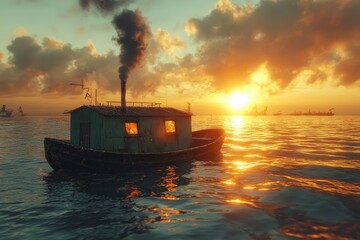 Fototapeta premium A small boat with a smoking chimney floats on calm waters at sunset, creating a serene and picturesque scene