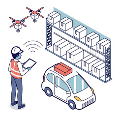 Warehouse Worker Using Tablet to Manage Drone and Self Driving Car Deliveries