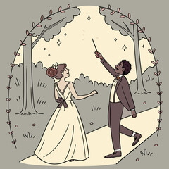 Whimsical Wedding Illustration Couple Sparkler Park Path
