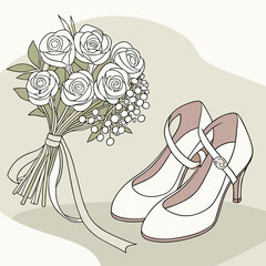 White Bridal Shoes and Rose Bouquet Illustration