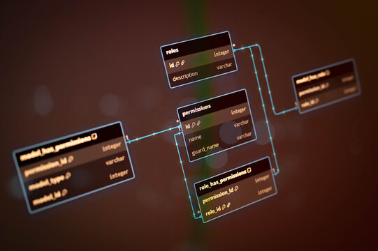 Close-up of a database entity-relationship diagram on a digital screen, showing tables and relationships between roles, permissions, and users in a typical backend development workflow.