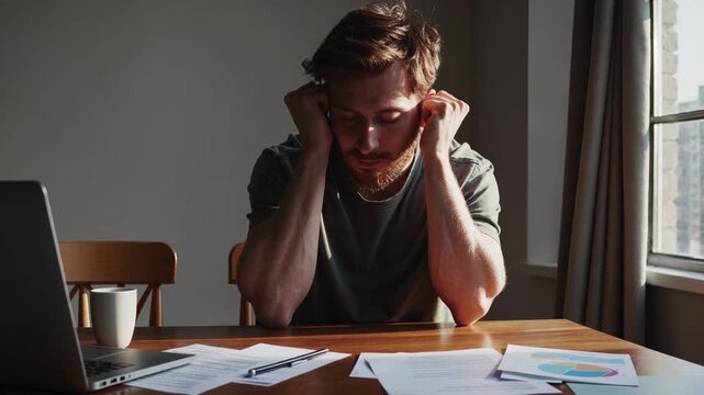 Man holds head over document stack. Laptop sits open on desk near cup. Paper and chart lie spread. Chair sits empty beside window. Beard and face show stress and tired concentration.Paper shows chart.