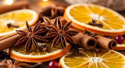 Macro shot of spices and oranges for mulled wine, cozy holiday mood.