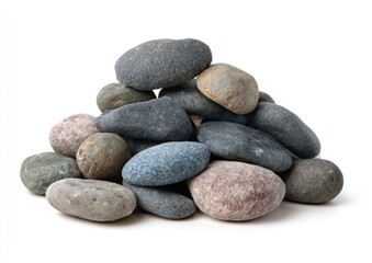 A pile of rounded stones in various shades of gray, brown, and muted blue, resting on a plain white background