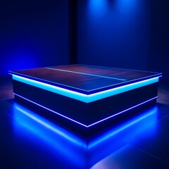 A modern, sleek platform illuminated with vibrant blue neon lights creates a futuristic and captivating display