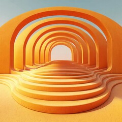 Obraz premium Golden archway, cascading steps. Abstract, 3D, architectural scene. Soft orange hue