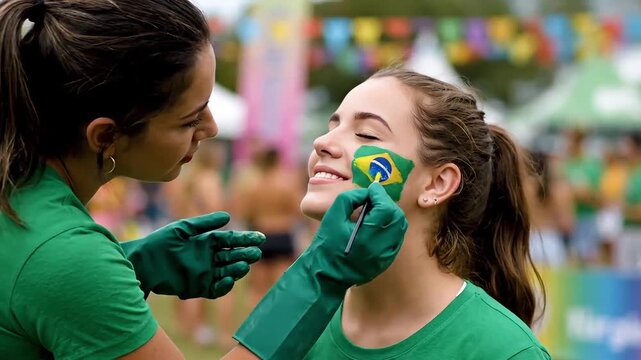 Young woman smiling as Brazilian flag face paint is expertly applied in vibrant outdoor celebration
