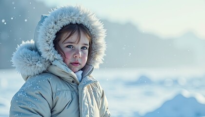 Conceptual Double Exposure - Polar Bear Plunge Day, Cute Child in Winter Coat with Snowflakes Falling in Beautiful Outdoor Winter Landscape