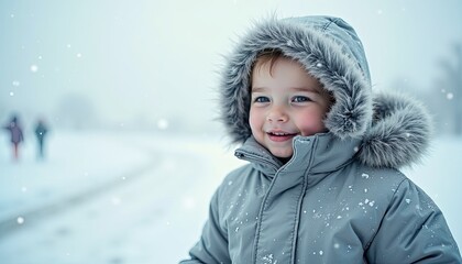 Conceptual Double Exposure - Polar Bear Plunge Day, Happy Child Smiling in Winter Snow with Warm Jacket and Soft Fur Hood on a Snowy Day