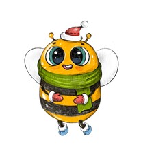 Cute bee in Santa hat. Christmas character illustration
