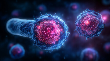 Futuristic medical illustration of T-lymphocytes and macrophages recognizing and attacking malignant cancer cells, glowing immune pathways and tumor destruction concept. cancer cel