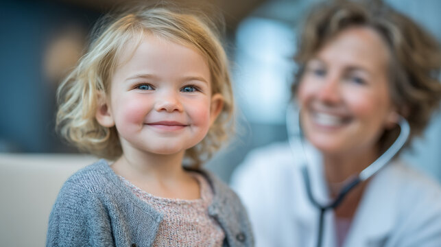 A pediatrician examining a young child in a modern clinic, using a stethoscope during a thorough medical checkup, symbolizing child healthcare and professional pediatric care.pedia