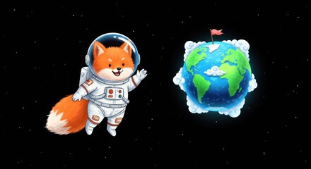 Cute fox astronaut waving near Earth