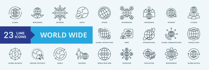 World Wide icon collection set with global, worldwide, network, earth, sphere, networking, conference