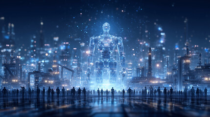 Futuristic workplace showing AI and automation reshaping industries, with diverse professionals adapting through digital literacy, reskilling, and upskilling, symbolizing workforce