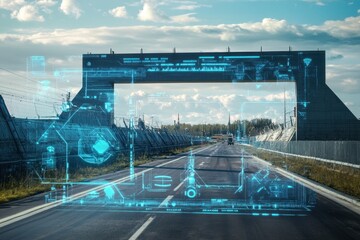 Innovative digital interface overlays on a road with futuristic elements near a security checkpoint