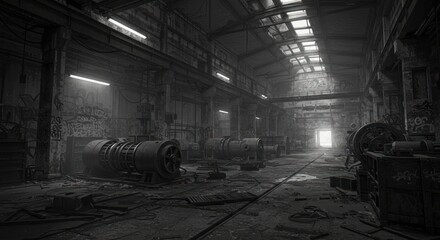 Dark industrial hall, machinery, graffiti