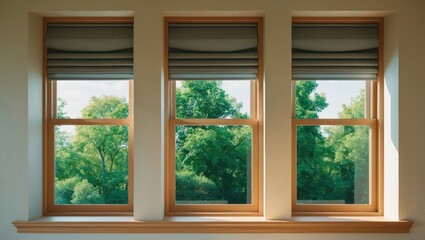 Fototapeta premium Three window blinds in a row with a view of lush green trees outside.