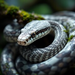 Obraz premium Hypnotic Golden Eye of a Coiled Black and White Patterned Snake on Moss.