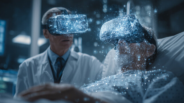 Smart hospital with augmented reality and virtual reality displays showing 3D visualization of patient data, genetic mapping, and AI diagnostics for precision treatment. keywords: - Powered by Adobe