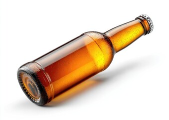 Amber beer bottle, slightly angled, on white background