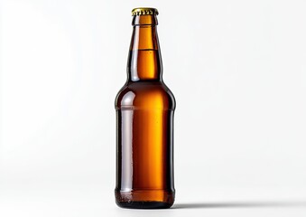 Amber beer bottle, full, against white background