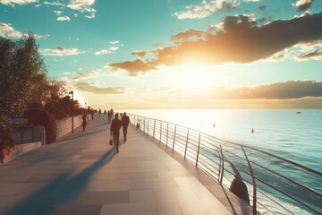 Walking along the seaside promenade during sunset in a coastal city