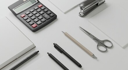 Clean Minimalist Workspace Mockup: Stationery, Calculator, and Blank Papers for Branding and Design Projects. Perfect for showcasing your logo, website design, or corporate identity.  High-resoluti...