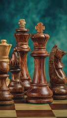 Intriguing close-up view of richly hued wooden chess pieces, strategically arranged on a checkered board against a teal backdrop.  The contrasting textures and warm tones create a captivating visual.