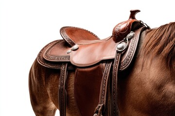 Close-up of a brown leather Western saddle on a reddish-brown horse.  The saddle shows intricate tooling and metal hardware