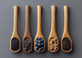 Wooden spoons hold assorted small edibles