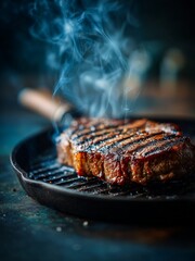 A Seared Steak Sizzling in a Cast Iron Skillet, with steam rising from the surface. The dramatic lighting and dark, rustic background emphasize the heat and deliciousness of the freshly cooked meat.

