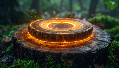 Glowing mushroom ring infographic chart on tree stump in enchanted forest, vibrant firefly lights, magical atmosphere, natural wood texture, fantasy woodland scene