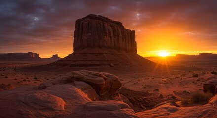 Monument Valley Sunrise: A breathtaking panoramic view of the iconic sandstone buttes bathed in the warm, golden light of a spectacular sunrise. Dramatic cloudscape enhances the vibrant colors of t...