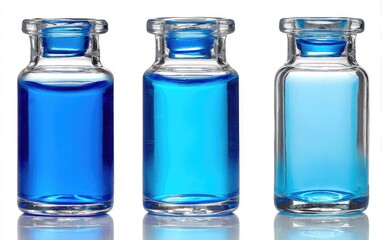 Three small, clear glass bottles, each filled with a different shade of blue liquid, stand on a white background