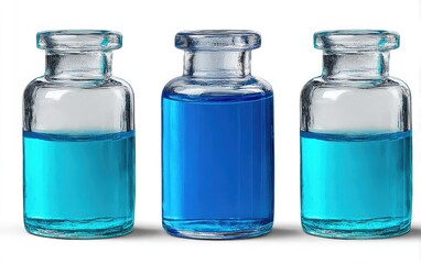 Three glass bottles, each filled with a light teal-blue liquid, stand side-by-side on a white background.  The bottles are identical in shape and size, with rounded bottoms and tops