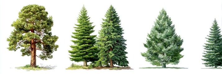 Four different types of coniferous trees,  isolated against a white background.  Various shades of green needles, distinct shapes and sizes