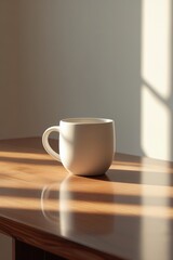 Fototapeta premium Mockup of a white cup standing on a wooden table in the kitchen.