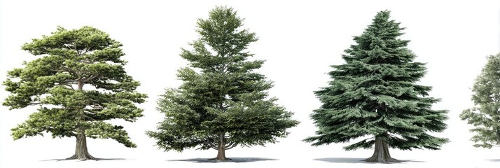 Four different types of trees, displayed against a white background.  Each tree has a distinct shape and foliage.  The trees are likely digitally rendered images for illustrative purposes