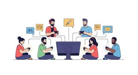 Diverse group of friends playing a multiplayer video game together, both locally and online, in a flat vector illustration.