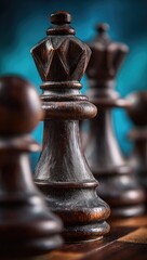 Close-up view of a dark-hued wooden chess queen, showcasing intricate carvings and textures.