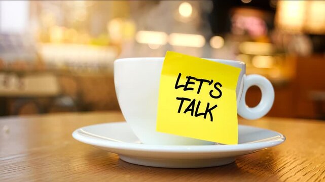 A cup of coffee with a sticky note saying lets talk on a table