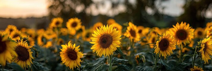 Obraz premium A vast field of sunflowers embraces the golden hour light, showcasing vibrant yellow blooms against a backdrop of out-of-focus greenery and a soft sunset.