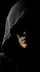 Mysterious Hooded Person in Dark Dramatic Lighting &mdash; Suspense and Mystery Concept Portrait